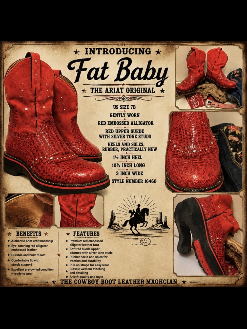 Ariat Fat Baby Western Cowboy Boots Studded Distressed Cowgirl Y2K Restored